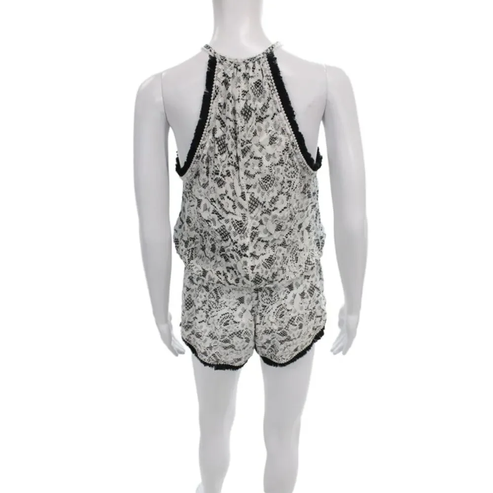 Poupette St. Barth Women Black Lace Floral Halter Sleeveless Romper Size M